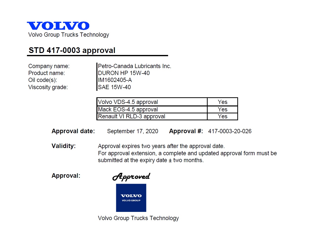 VOLVO VDS-4.5 jóváhagyás és Renault VI RLD-3 jóváhagyás